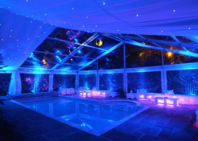 Image of blue lighting in marquee dressed over indoor pool with starlit ceiling