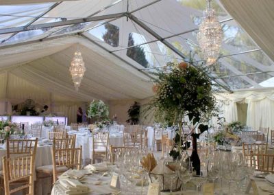 Interior marquee set for wedding and see through roof