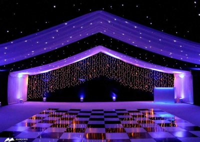 Image of starlight ceiling linings and wall swags with blue and purple lighting