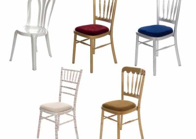 Image of selection of give types of chairs offered by Marquees for Hire