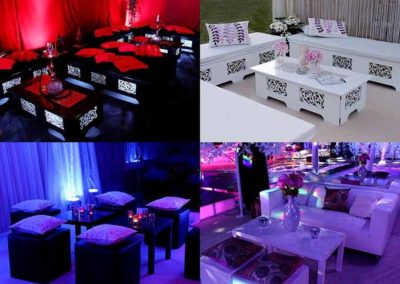 Compilation of images, black and white engraved tables with matching benches and contracting cushions, cube seating in both black and white versions