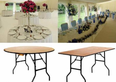 Image of round and rectangle tables for hire and images of tables dressed 'in situ' for wedding and party events
