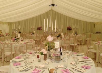 Table candelabra, ivory linens, gold banquet chairs