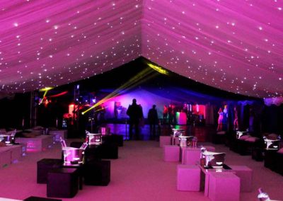 Pink theme party marquee, pink and black cube seating, pink starlight ceiling affect