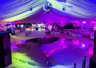 Mirror dance floor with pink blue lime lighting effects